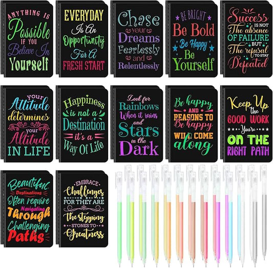 24 Pcs Mini Inspirational Notebooks Bulk with 24 Colorful Pens， 3.5"x5.5" | Small Pocket Journal Notepads Set, Motivational Bulk Gifts for Women Men Teacher Students Kids, End of School Year Gift Bulk