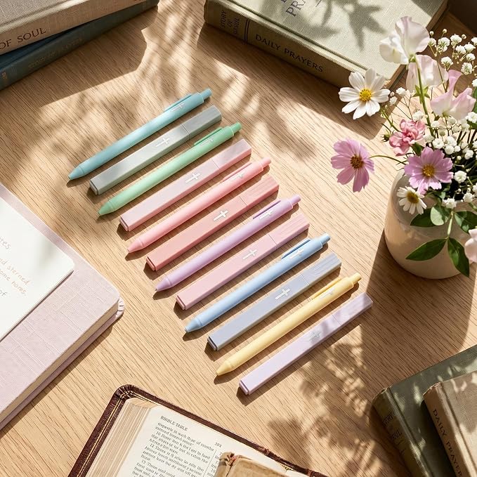 12 Pcs Cross Gel Pens and Highlighters Set 6 Gel Pens 0.5mm 6 No Bleed Highlighters Bible Study Pen and Highlighter for Journaling Church Supplies Christian Stationery (Black,Macaron)