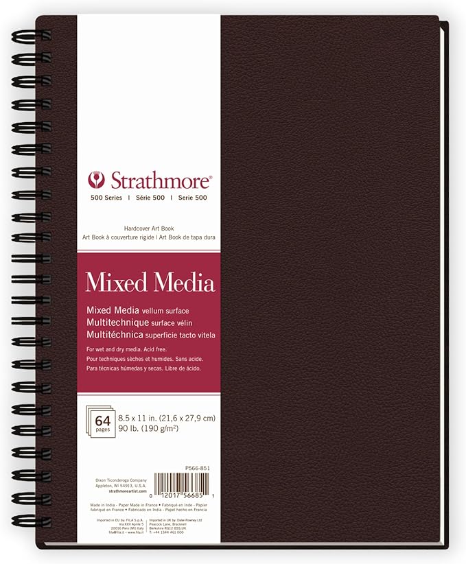 Strathmore 500 Series Mixed Media Paper Art Book, Matte Brown Cover, Natural White, Side Wire Binding, 32 Sheets, 8.5x11 inch
