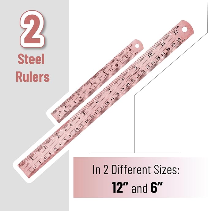 Mr. Pen- Metal Straight Edge Ruler, 2 Pack, 6" and 12", Rose Gold | Stainless Steel Ruler Set, Imperial & Metric Measurements for Drawing, Home, Office, Engineering