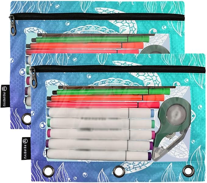 ALAZA Pencil Pouch for 3 Ring Binder, Underwater Sea Turtle Seaweed Print Binder Pencil Pouches with Clear Window Zipper Pencil Case Cosmetic Bags for Office College Supplies, 2PCS
