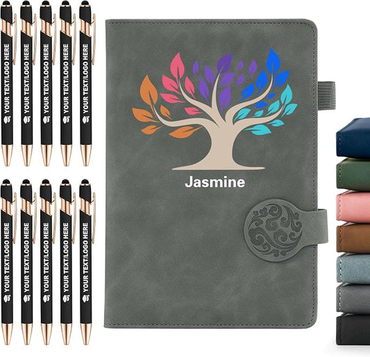 ENOMY Personalized Notebook & 10 PC Pens Set Custom Notebook 200 Pages A5 Lined Journal for Men Women Leather Notebooks for Work Office College Graduation New Year Gifts, Grey