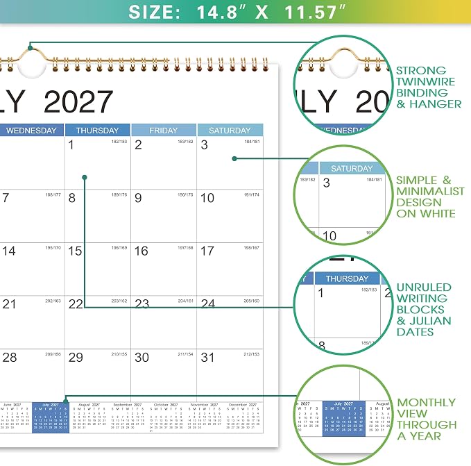 2027 Wall Calendar - Jan 2027 - Dec 2027, 12 Monthly Hanging Calendar 2027 Planner, 15" x 11.5", Spiral Binding, Yearly Overview, Holidays, Large Blocks, Perfect Organizer for Home & Office
