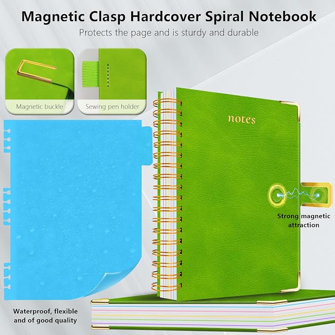 Hardcover Spiral Notebook College Ruled, 8"x10" Leather Journal Notebook with Magnetic Closure, 300 Pages 5 Subject Notebook with Dividers Tabs Journal for Women Men, Work, School(Grass Green)