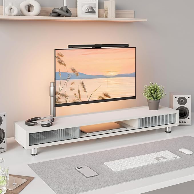 Fenge Dual Monitor Stand with Storage, Desk Shelf with Glass Sliding Door | Ergonomic Height Adjustment, 42.5in Monitor Shelf, 2-Tier Monitor Riser, Desk Organizer for Screen, PC, Laptop, White