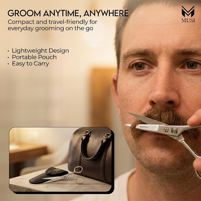 MUSI 4 Inch Eyebrow Scissors - Muti-purpose Small Scissors for Mustache, Beard, Nose Hair, Nail, Ear & Eyelash Trimming - Professional Stainless Steel Mini Grooming Scissors for Men Women with Comb