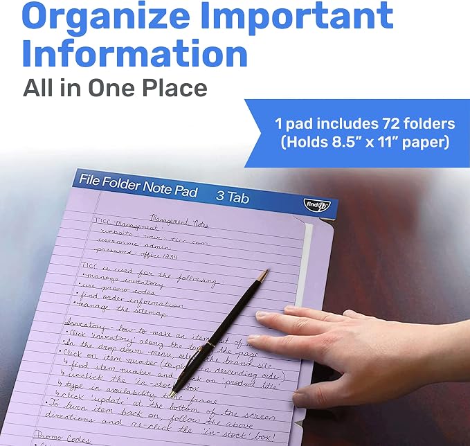 Find It File Folder Notepad, 72-Ct 3rd-Cut Tab Organizer Folders, Lavender | Wide-ruled clipboard-style pages, front and back ruled, perforated tear-out sheets, office and school filing organization