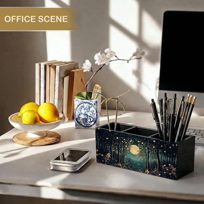 Rustic Night Moon Forest William Morris Inspired Wooden Pencil Pen Holder for Desk Organizers and Accessories, Vintage Nature Botanical Makeup Brush Holder Organizer for Bathroom Vanity