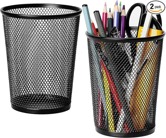 MaxGear Pen Holder for Desk 2 Pack, Mesh Metal, 5.4’’, Makeup Brush Holders | Desk Organizers, Scratch-Proof Metal Base, 4.35" x 4.35" x 5.4", For Home School Office, Multi-Purpose