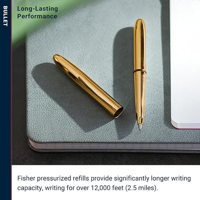 Fisher Space Pen Solar Flare Gold Titanium Nitride Bullet Pen, Pressurized Ballpoint Pen, Compact Size, Writes Upside Down, Extreme Temperatures, Black Ink, Medium Point, Gift Box, Made in USA