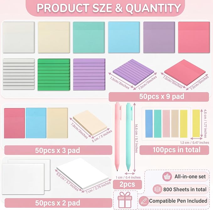 Eaasty 800 Sheets Transparent Sticky Notes 15 Pads Pastel Clear Bible Sticky Notes with Lined with 2 Pens Colorful Waterproof Translucent Pet Tabs for Bible Study Books Annotation School Office
