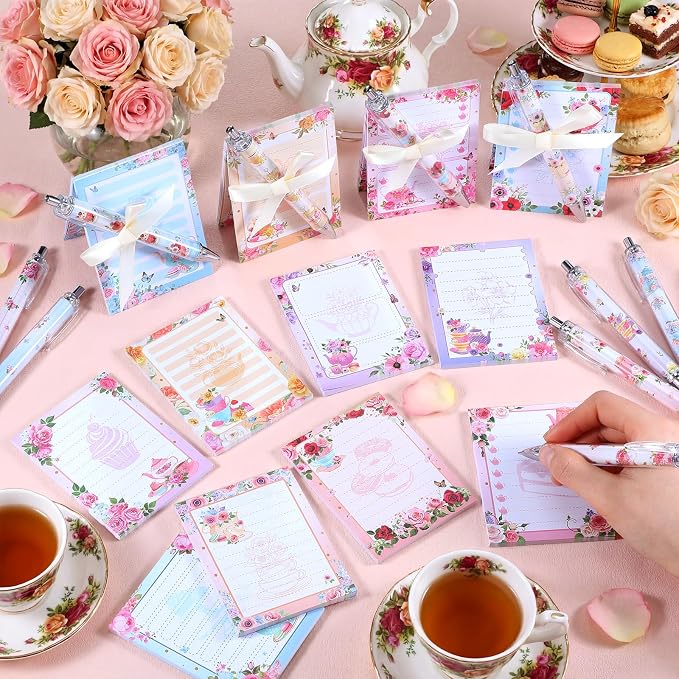 Eaasty 48 Pcs Tea Party Favors Spring Floral Notepads and Ballpoint Pens with Ribbon Vintage Teapot Flower Tea Party Gifts for Birthday Wedding Bridal Shower Office Supplies