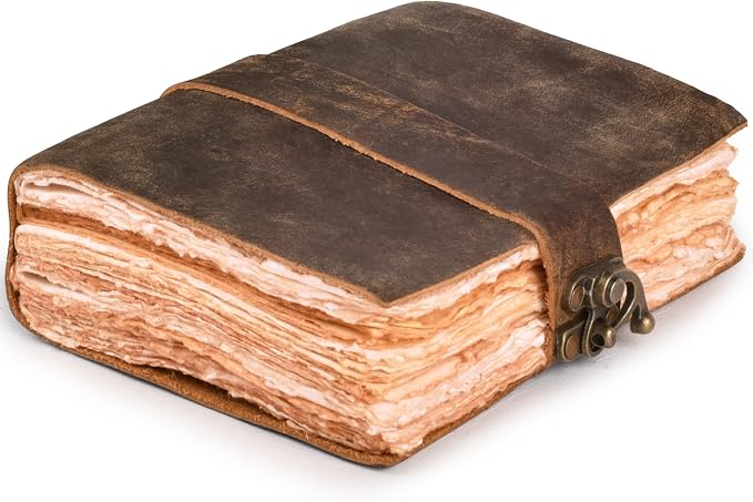 LEATHER VILLAGE Leather Bound Vintage Journal for Women & Men - Book of Shadows - Lock Closure - 200 Pages of Antique Deckle Edges Handmade Watercolor Paper - Rustic Brown - 7X5 inches