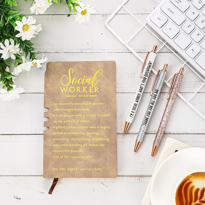 Resurhang 5 Pcs School Social Worker Must Haves Office Supplies Gift Leather Journal Notebook 3 Ballpoint Pens with Box Thank You Social Work Appreciation Gift for BSW MSW DSW(Khaki)