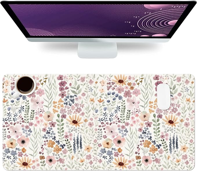 Flower Large Mouse Pad, Floral Desk Matt for Desktop, PU Leather Waterproof Desk Pad, Computer PC Laptop Protector Gaming Mouse Pads for Women Office Decor (23.6" x 11.8")