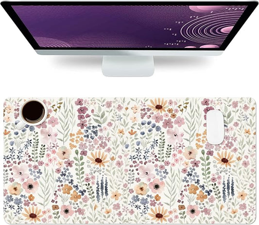 Flower Large Mouse Pad, Floral Desk Matt for Desktop, PU Leather Waterproof Desk Pad, Computer PC Laptop Protector Gaming Mouse Pads for Women Office Decor (31.5" x 15.7")