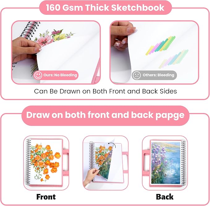 Large Sketchbook for Drawing 9"X 12" Portable Travel Spiral Bound Sketch Book with Pocket(98lb/160gsm) Hardcover Drawing Pad for Adults Watercolor Mixed Media Paper, 60 Sheets/120 Pages, Pink