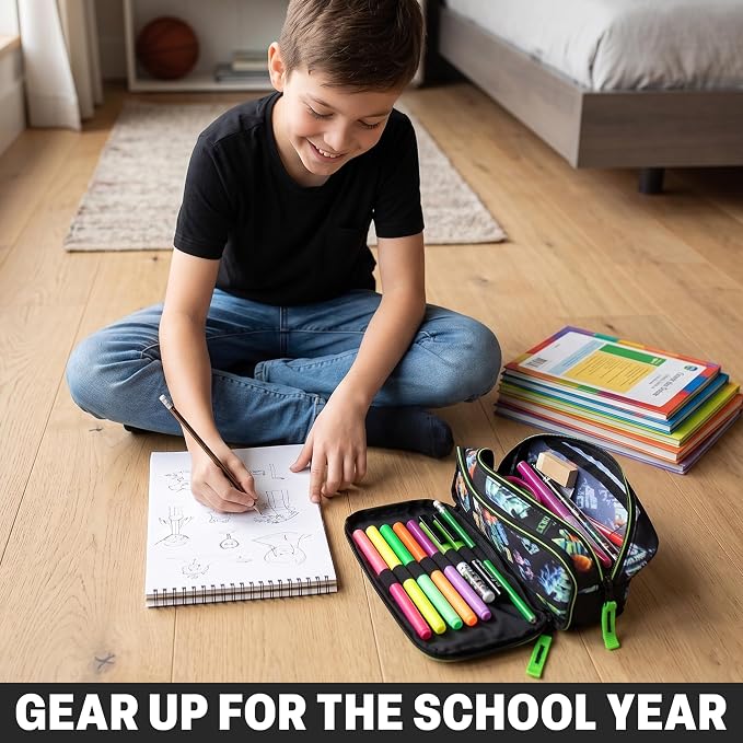 Get Trend Minecraft Pencil Case for Boys, Pencil Pouch with 2 Zipped Compartments, Back-to-School Marker & Pen Case, Organizer for School Supplies, Stationery, Gamer Gifts (Black/Multi Minecraft)