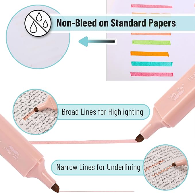 Mr. Pen- Highlighters, 8 Pack, Vintage Colors | Highlighters with Firm Chisel Tip, Quick Dry & Non-Toxic, No Bleed on Standard Paper, Ideal for Highlighting, Underlining