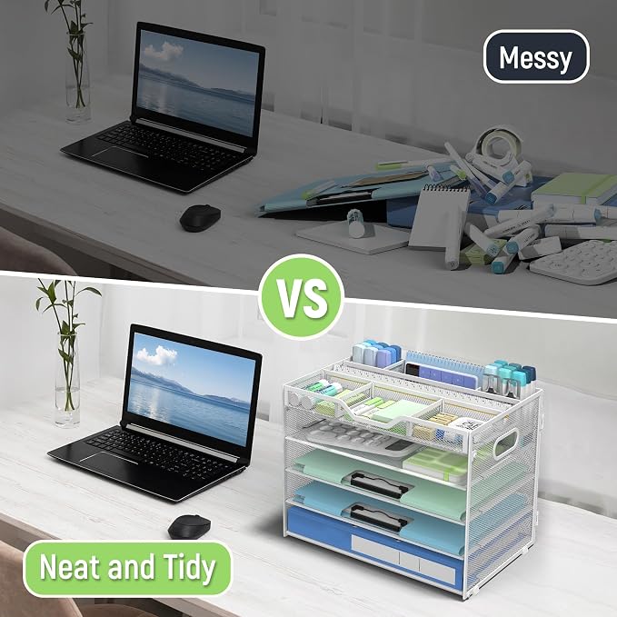 Docnest 5 Tier Mesh Desk Organizer with Removable Tray&Pen Holder, White | Features 3 detachable pen holders and 4 removable dividers.Versatile mesh desktop storage for mail, document,office supplie