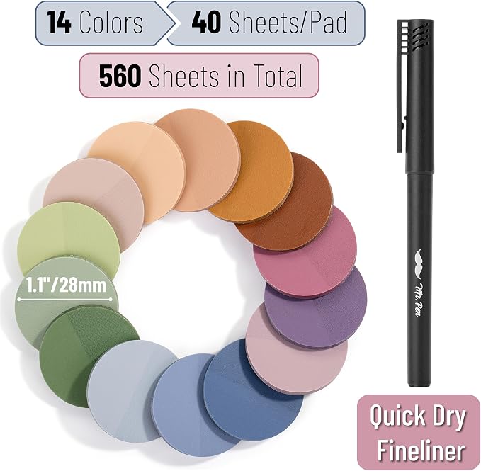Mr. Pen- Round Transparent Sticky Notes, 1.1” Diameter, 14 Pads, 560 Sheets | Colorful, Water-Resistant See-Through Sticky Notes & Fineliner, Smooth Writing, Note Tabs for Bible Journaling, Studying