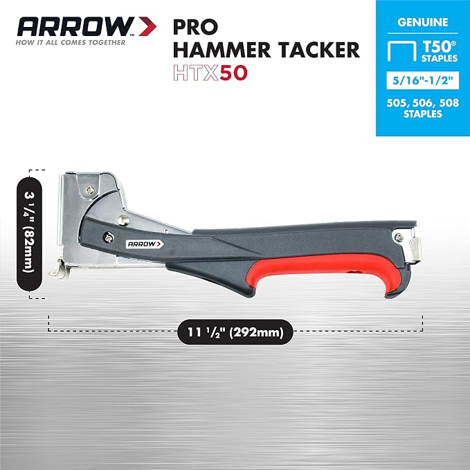 Arrow HTX50 Professional Heavy Duty Hammer Tacker, Manual Stapler for Construction and Insulation, Ergonomic Grip Handle, Dual-Capacity Rear-Load Magazine, Fits 5/16”, 3/8", or 1/2" Staples , Grey