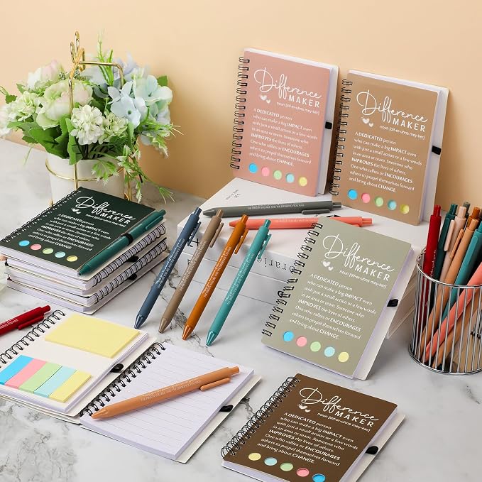 Resurhang 25 Sets Difference Maker Employee Appreciation Gift Bulk Inspirational A6 Spiral Notebook Journal Ballpoint Pens for Teacher Volunteer Coworker Team Back to School (Warm Colors)