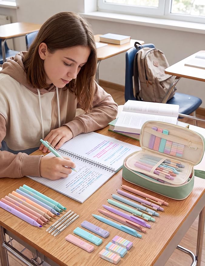 SUNEE 35PCS Aesthetic Stationery Set with Cute Pencil Case, Pastel Highlighters, Black Gel Pens, Mechanical Pencils & Refills, College School Supplies for Students Girls Green