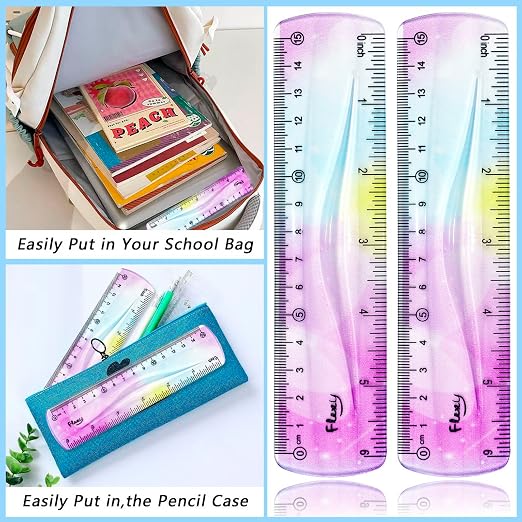 2 PCS 6 Inch Flexible Ruler, Bendable Plastic Ruler, Soft Bendable Gradient Colour Rulers with Centimeters and Inches for Student School Classroom Office Supplies
