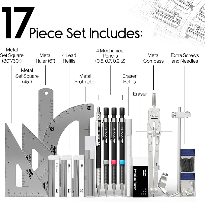 Mr. Pen- Professional Geometry Set, 17 pcs, Metal Compass | Mechanical Pencils, Rulers, Protractor & Set Squares, Lead Refills, Extra Screws & Needles, Drafting Kit for Math