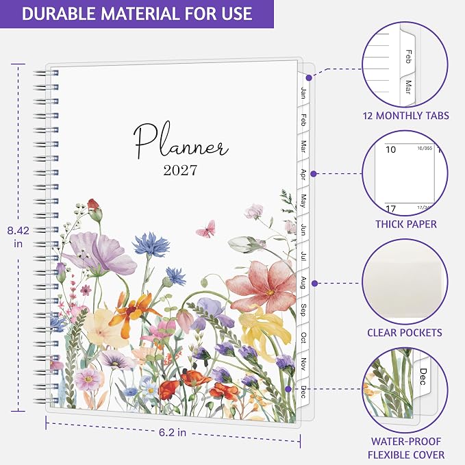 2027 Planner, Weekly ＆ Monthly Planner 2027, Jan 2027 – Dec 2027, 6.2" x 8.42", Flexible Cover, 12 Monthly Tabs, Thick Paper, Spiral Wirebound, Inner Pocket