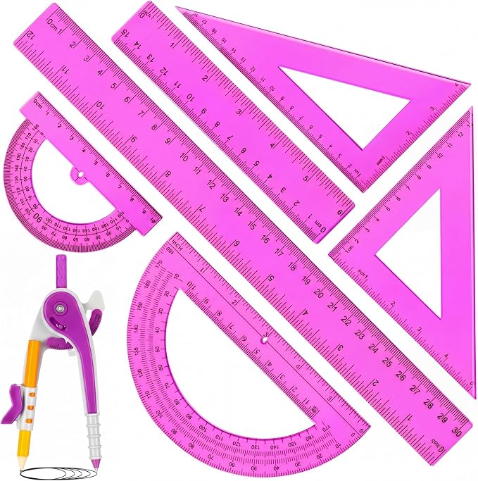 Zonon 1 Set Plastic Geometry Math Set 7 Pcs Includes 6'' / 4 '' Protractor, Drawing Compass, 45/60 Degree Triangle Rulers, 12'' / 6'' Math Ruler Transparent for Office Supplies(Purple)