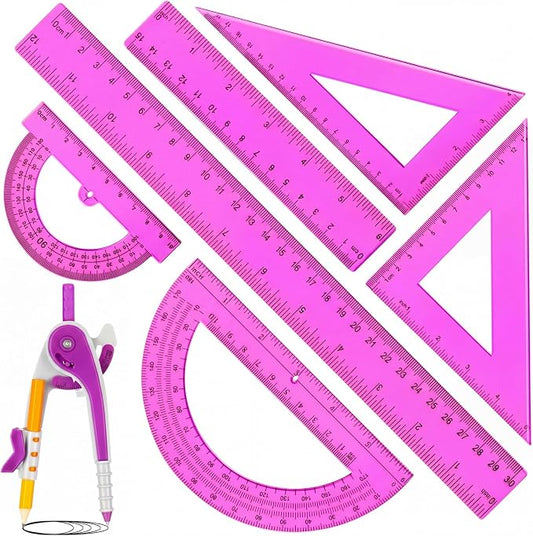 Zonon 1 Set Plastic Geometry Math Set 7 Pcs Includes 6'' / 4 '' Protractor, Drawing Compass, 45/60 Degree Triangle Rulers, 12'' / 6'' Math Ruler Transparent for Office Supplies(Purple)