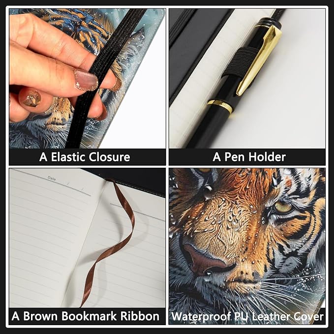 A5 Leather Lined Journal Notebook, 200 Pages Hardcover Executive Notebook for Men Women Office School Note Taking, Thick Writing Paper Daily Journal with Bookmarks/Indexes, Tiger