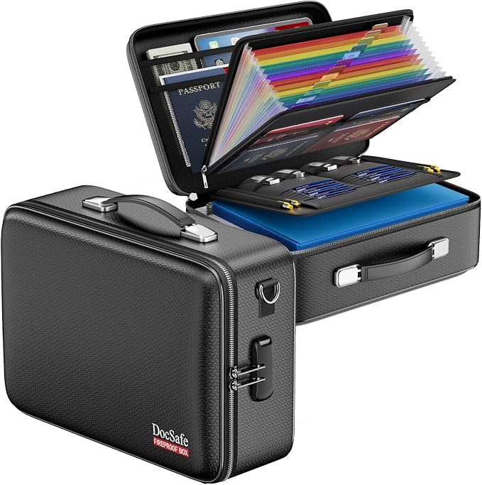 DocSafe Fireproof Document Box Hard Case with Lock ＆ Accordion File Folder | Fire and Water Resistant Safe Box,File Organizer,Multi-Pocket,Home Office Travel Storage for Important Document,Laptop,Black