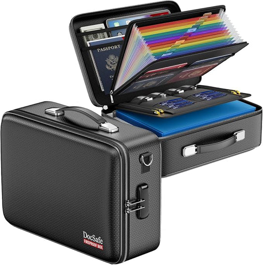 DocSafe Fireproof Document Box Hard Case with Lock ＆ Accordion File Folder | Fire and Water Resistant Safe Box,File Organizer,Multi-Pocket,Home Office Travel Storage for Important Document,Laptop,Black