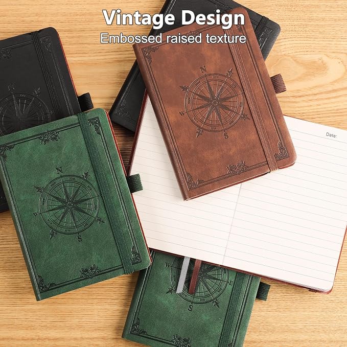 AHGXG Small Lined Pocket Notebook, 256 Numbered Pages, B6 (4.1'' X 5.7'') | College Ruled Mini Journal, Vintage Leather Softcover, 80gsm Paper, for Men Women Work Office School (Black)