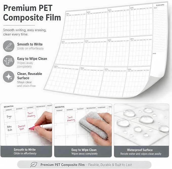 Extra Large Dry Erase Calendar for Wall 55" x 34" Undated Yearly Calendar | Vertical12 Month Layout, Reusable Whiteboard Calendar, Erasable Monthly Planner for Home Office School