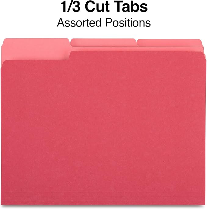Staples File Folder, Letter Size, 1/3‑Cut Tab, Red, Durable Paper Stock, 200/Carton