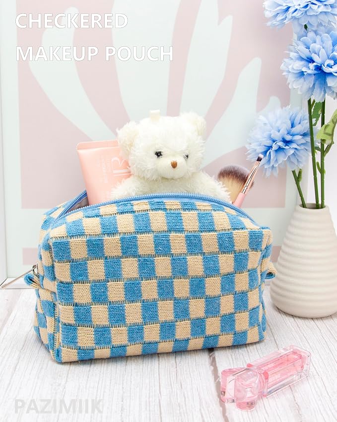 Checkered Makeup Bag for Purse, Small Cosmetic Pouch,Blue Beige,2 Pack | Cute Zipper Makeup Organizer for Women, Travel Essentials, Toiletries, Makeup Brushes, Beauty Accessories&Bridesmaid Gifts