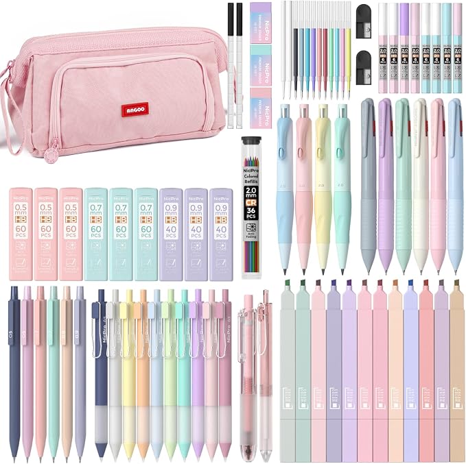 Nicpro 78 Pcs Aesthetic School Supplies with Pen Case, Stationery Set, Pink | 12 Highlighters, 12 Gel Pens, 6 Multicolor Pen, 10 Mechanical Pencils, Back to School Stationery Set for College Essentials