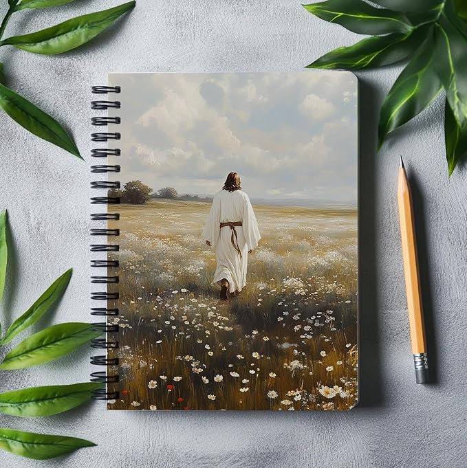 Christian Notebook – Jesus Walking in Peaceful Meadow – Religious Journal with Nature Artwork – Hardcover Faith Diary for Daily Writing, Spiral Bound 5.5x8.3 Inches
