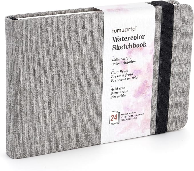 tumuarta Watercolor Sketchbook, 140 LB, 300 GSM, 100% Cotton Paper, Cold Press, 24 Sheets, 48 Pages, Watercolor Journal for Use As Travel Notebook and Mixed Media Pad On The Go (Gray, 4x6”)