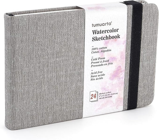 tumuarta Watercolor Sketchbook, 140 LB, 300 GSM, 100% Cotton Paper, Cold Press, 24 Sheets, 48 Pages, Watercolor Journal for Use As Travel Notebook and Mixed Media Pad On The Go (Gray, 4x6”)