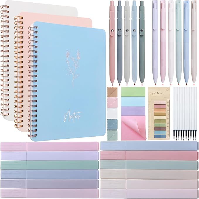 Tuhangcc 47PCS Spiral Notebook Stationary Set for Women,Bible Journal Set, 3PCS Unique A5 Spiral Notebooks 12 Highlighters, Sticky Notes & Bookmark Tabs 5 Gel Pen for Work Office Supplies (Blue)