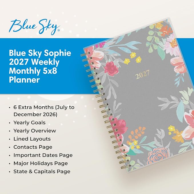Blue Sky 2027 Weekly & Monthly Planner Calendar, 5"x8", Sophie | January 2027 - December 2027, Flexible Frosted Cover, Durable Twin Wire Binding, Laminated Tabs