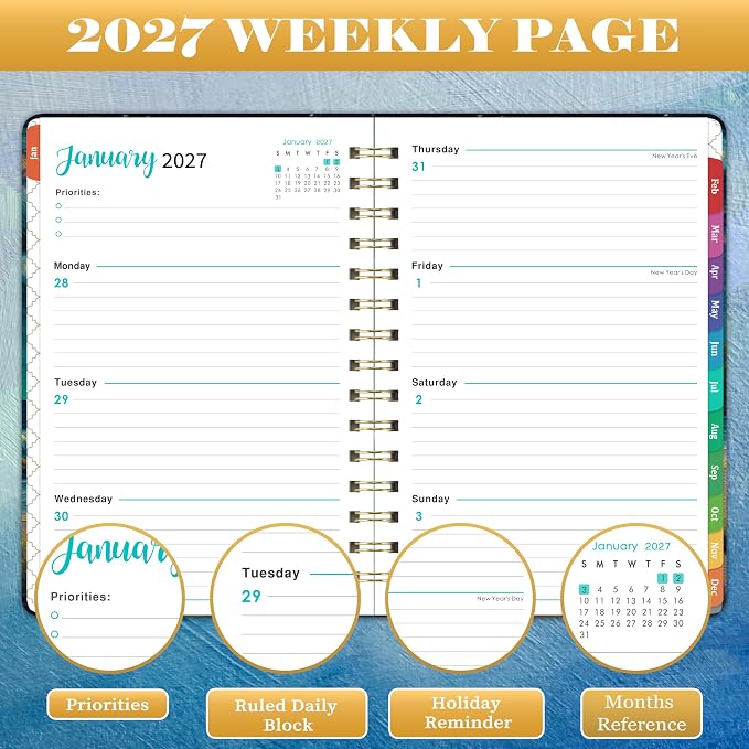 2027 Planner - JAN.2027 - DEC.2027, 8.4" x 6.3", 2027 Calendar Planner | Planner 2027, 2027 Planner Weekly and Monthly with Inspiring Quotes, Tabs, Pocket, Hardcover, Perfect for School Office Home