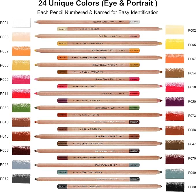KALOUR Pro Pastel Chalk Colored Pencils,24 Colors portrait set,Color Charcoal Pencils for Drawing Sketching Coloring Shading,Art Supplies for Adults Artists