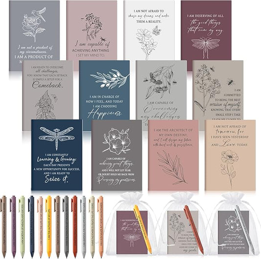 Mooliwe 24 Pcs Positive Affirmation Gift Set Gratitude Notebooks with Pens Small Bags Motivational Encouragement Notepads Daily Affirmations Journal for Women Stress Relief Self Care (Minimalist)