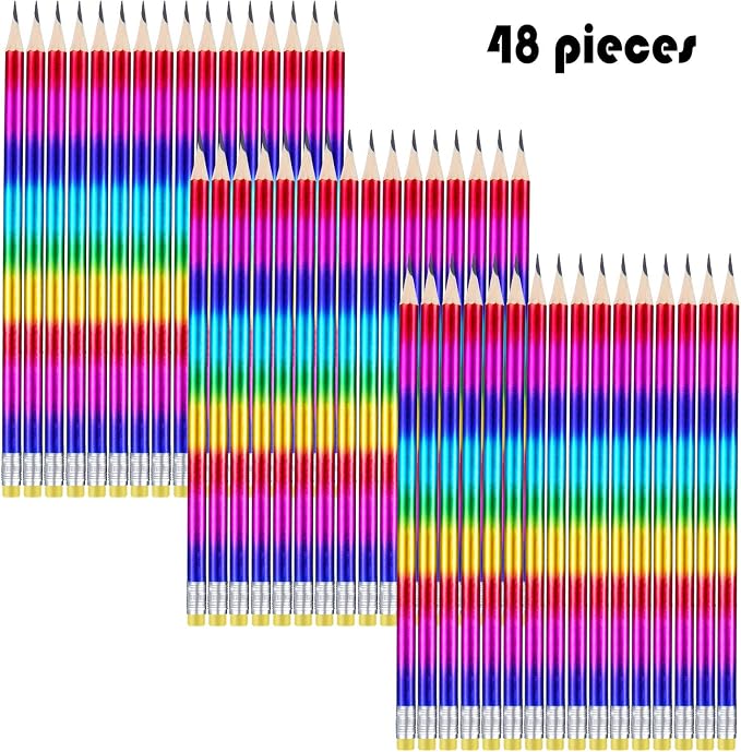 Outus 48 Pieces Rainbow Pencils Colorful Wooden Pencil Bulk with Eraser Top Writing Fun Assorted Novelty Supplies Awards Incentives for Home Office School Classroom